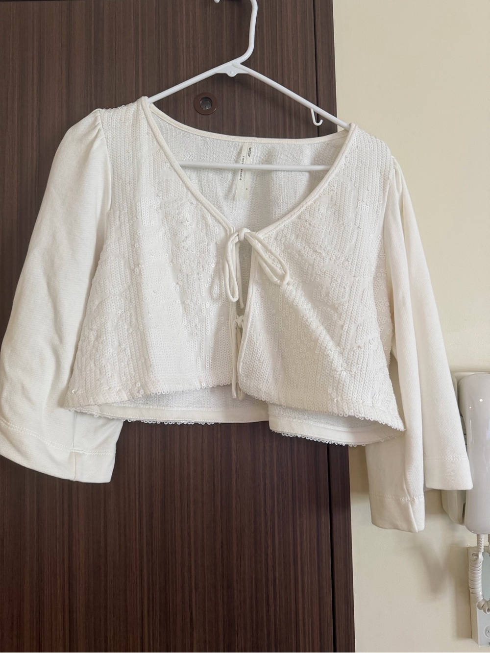 Anthropologie Ivory Tie-Front Cropped Knit Top